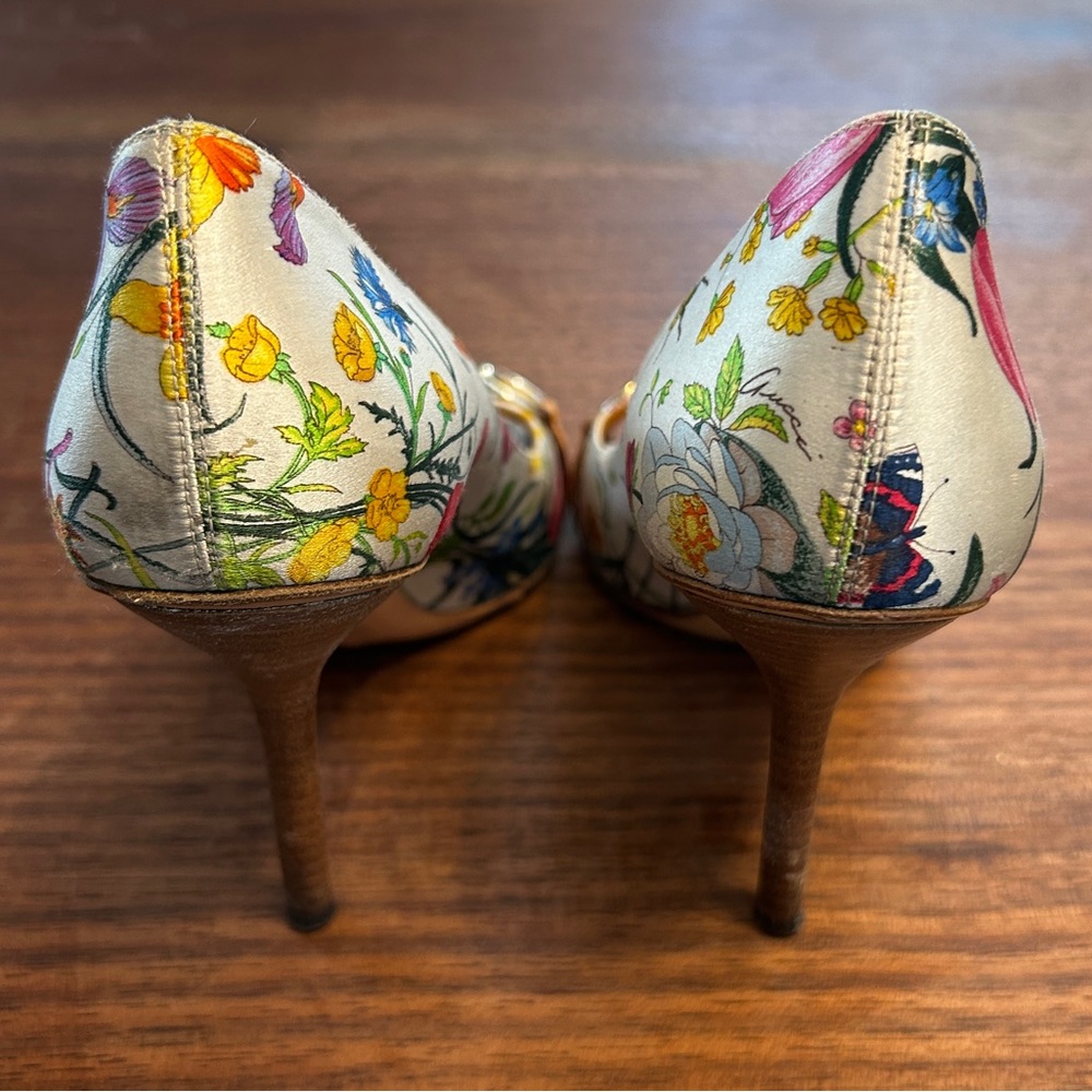 GUCCI Botanical Floral Flora Satin & Karung Horsebit Peep Toe Pumps 8 B Italy - Picture 7 of 11
